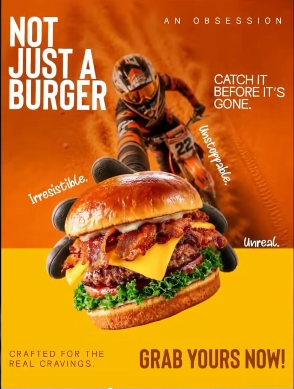 Bold burger campaign poster with motocross rider and dynamic typography