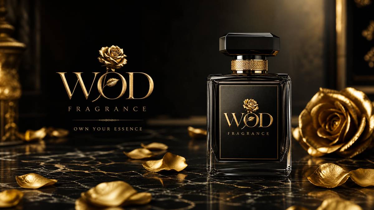 WOD Fragrance luxury perfume advertisement with gold rose petals